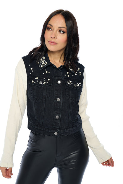 Ci Sono Pearl-Embellished Denim Vest