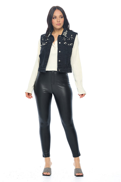 Ci Sono Pearl-Embellished Denim Vest