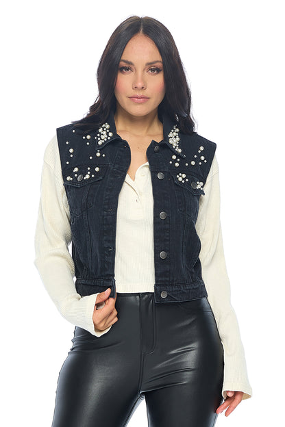 Ci Sono Pearl-Embellished Denim Vest