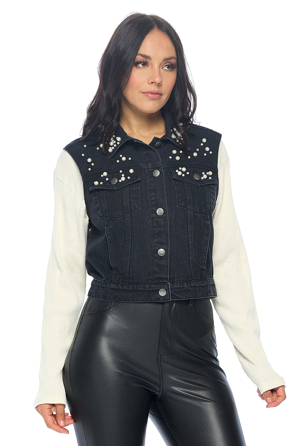 Ci Sono Pearl-Embellished Denim Vest