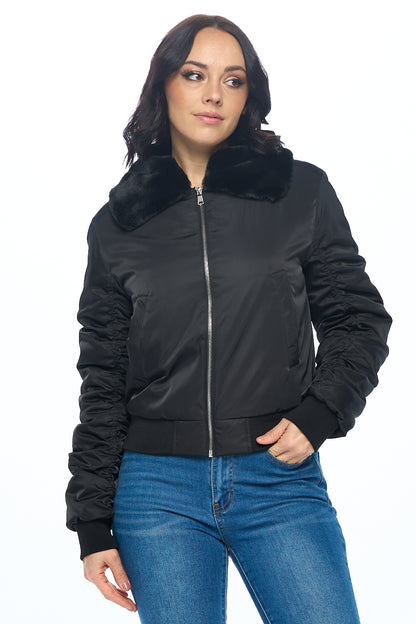 Ci Sono Chic Fur-Collar Nylon Jacket