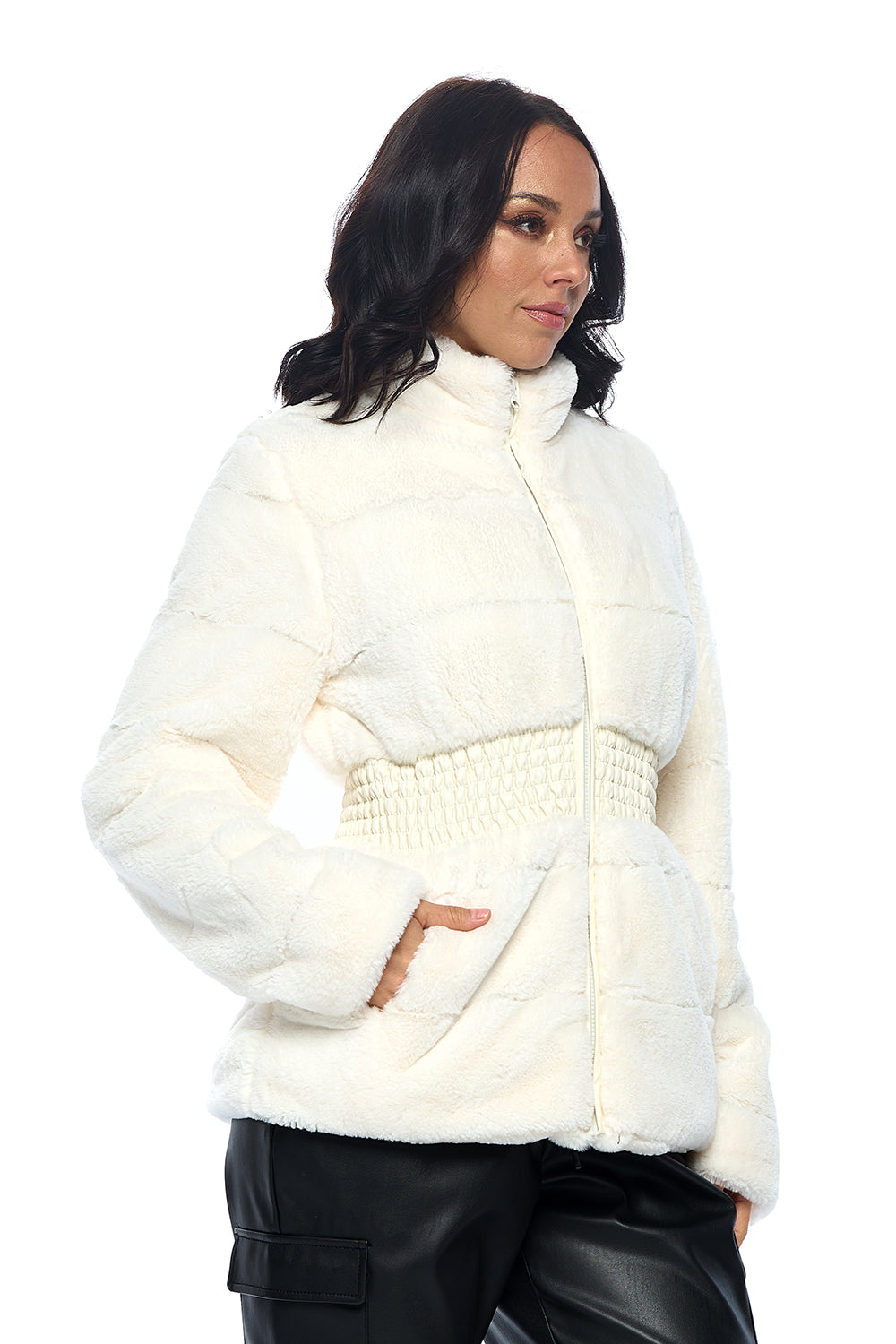 Ci Sono Waist-Tie Faux Fur Jacket